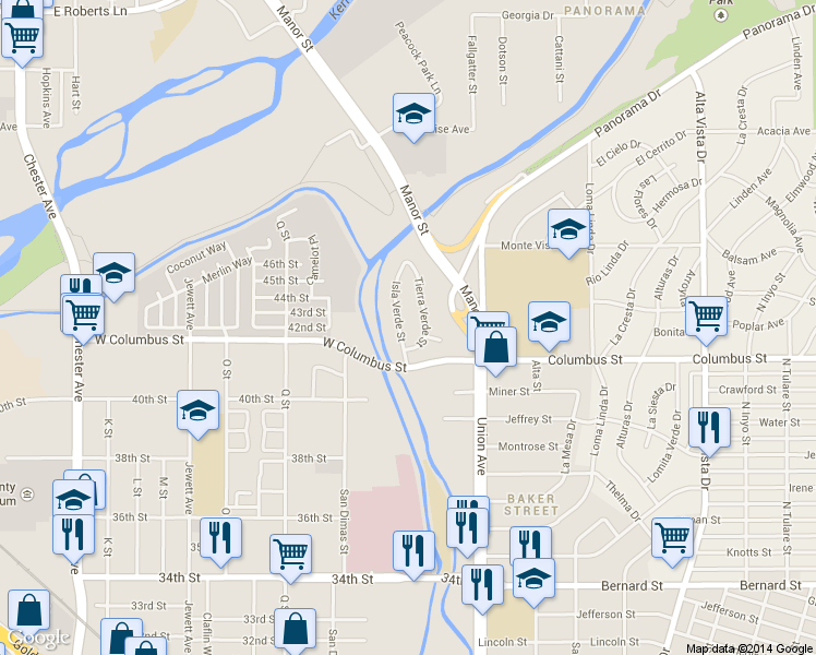 map of restaurants, bars, coffee shops, grocery stores, and more near 4300 Isla Verde Street in Bakersfield