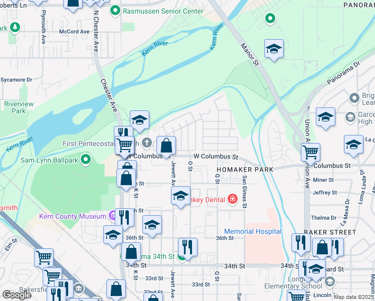 map of restaurants, bars, coffee shops, grocery stores, and more near 4205 King Arthur Court in Bakersfield