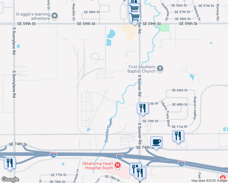 map of restaurants, bars, coffee shops, grocery stores, and more near 6929 South Sooner Road in Oklahoma City