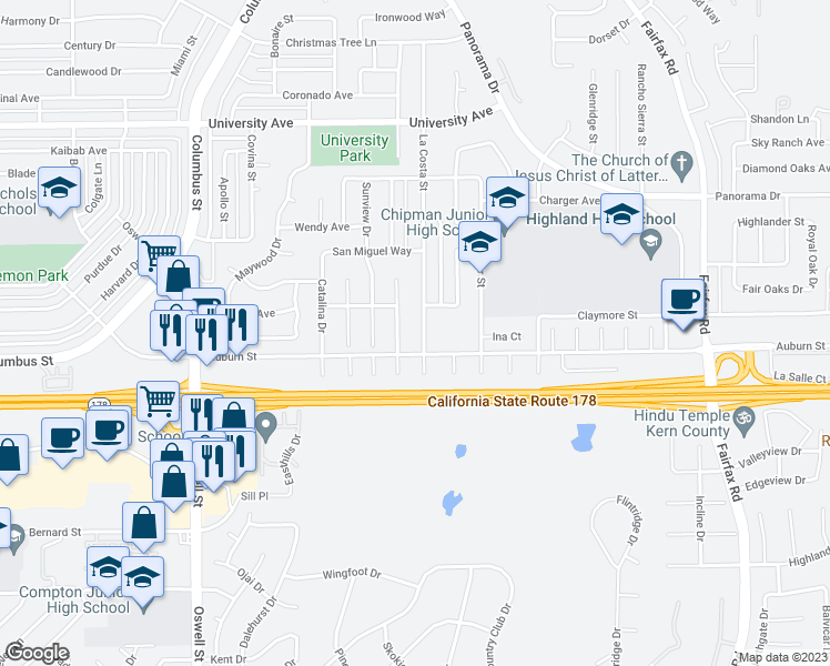 map of restaurants, bars, coffee shops, grocery stores, and more near 2708 La Costa Street in Bakersfield