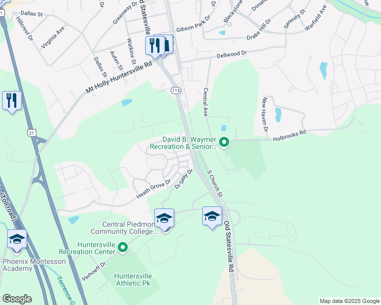 map of restaurants, bars, coffee shops, grocery stores, and more near 13205 Old Statesville Road in Huntersville