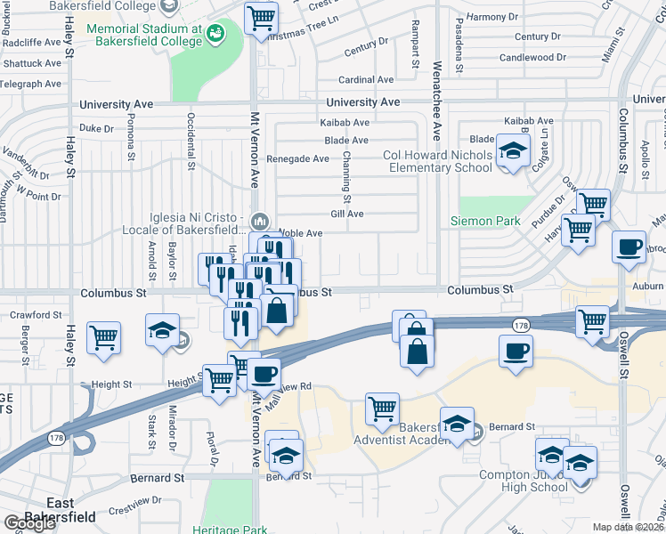 map of restaurants, bars, coffee shops, grocery stores, and more near 2704 Eric Court in Bakersfield