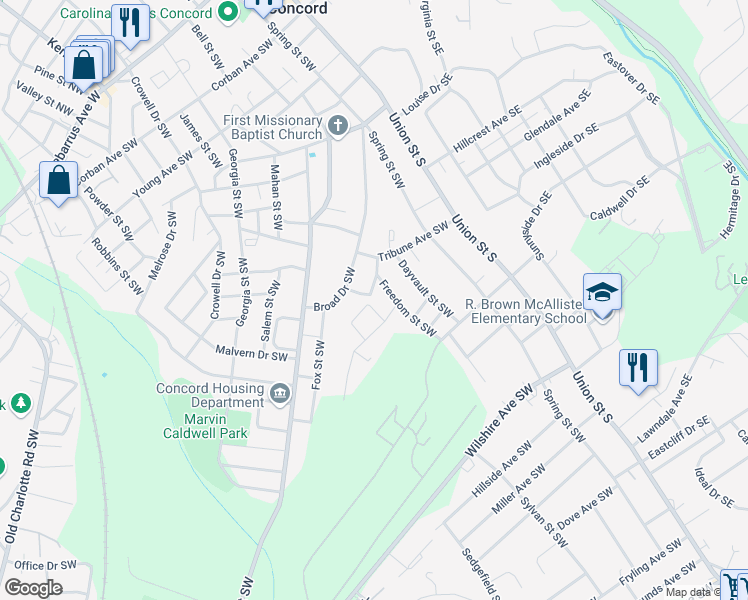 map of restaurants, bars, coffee shops, grocery stores, and more near 388 Maiden Lane Southwest in Concord
