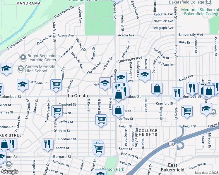 map of restaurants, bars, coffee shops, grocery stores, and more near 809 Skyline Avenue in Bakersfield