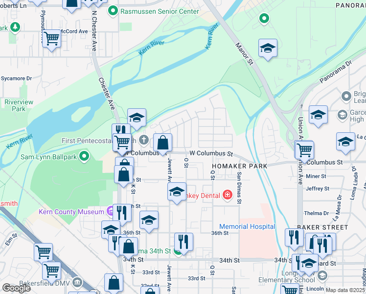 map of restaurants, bars, coffee shops, grocery stores, and more near 4205 King Arthur Court in Bakersfield