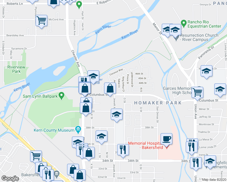 map of restaurants, bars, coffee shops, grocery stores, and more near 4201 Jewett Avenue in Bakersfield