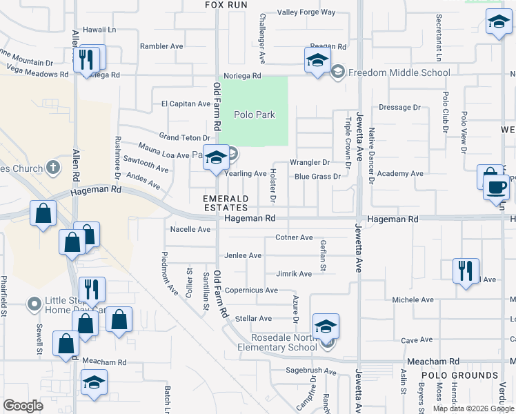 map of restaurants, bars, coffee shops, grocery stores, and more near Bareback Lane in Bakersfield