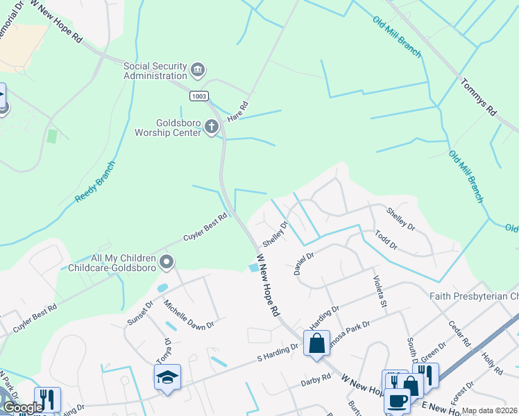 map of restaurants, bars, coffee shops, grocery stores, and more near 908 North Baden Court in Goldsboro