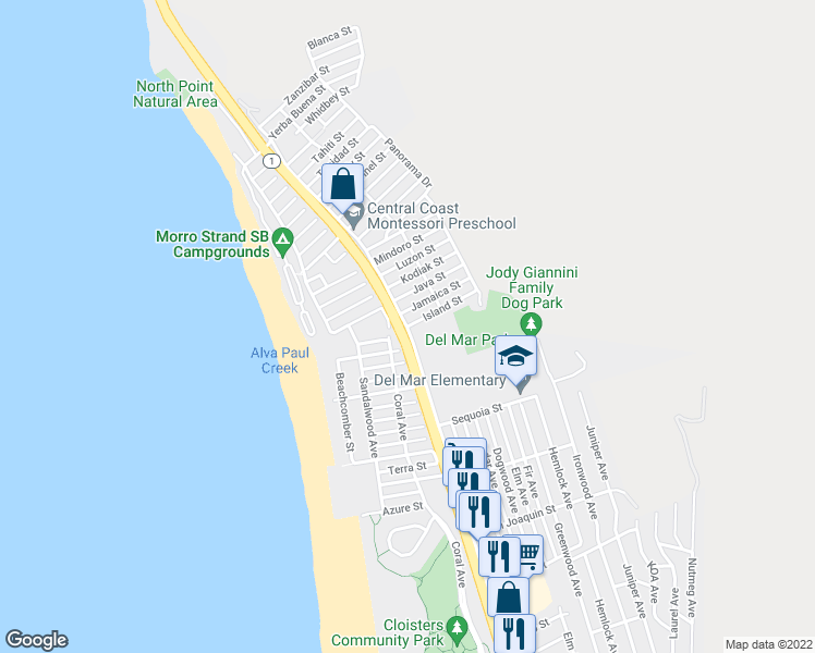 map of restaurants, bars, coffee shops, grocery stores, and more near Main Street & Island Street in Morro Bay