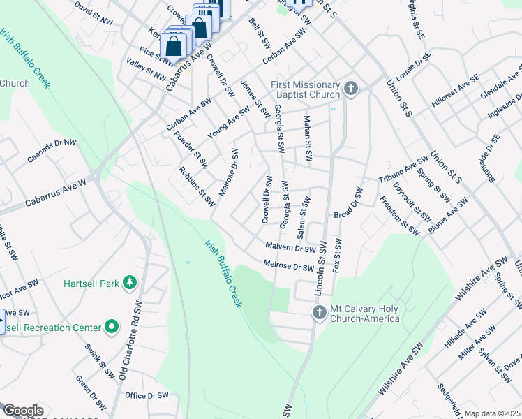 map of restaurants, bars, coffee shops, grocery stores, and more near Shannon Drive Southwest in Concord