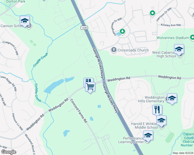 map of restaurants, bars, coffee shops, grocery stores, and more near 4940 State Road 1431 in Concord