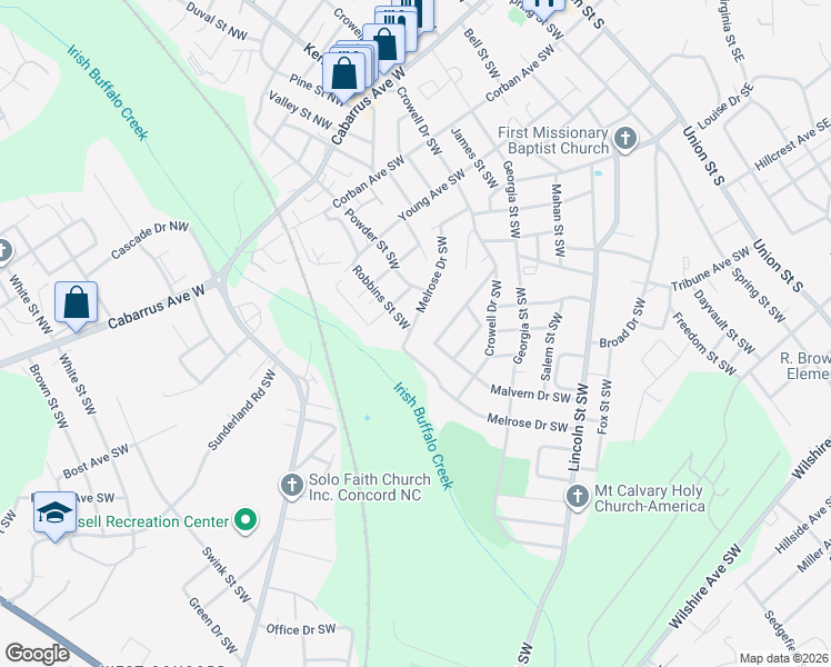 map of restaurants, bars, coffee shops, grocery stores, and more near 235 Melrose Drive Southwest in Concord
