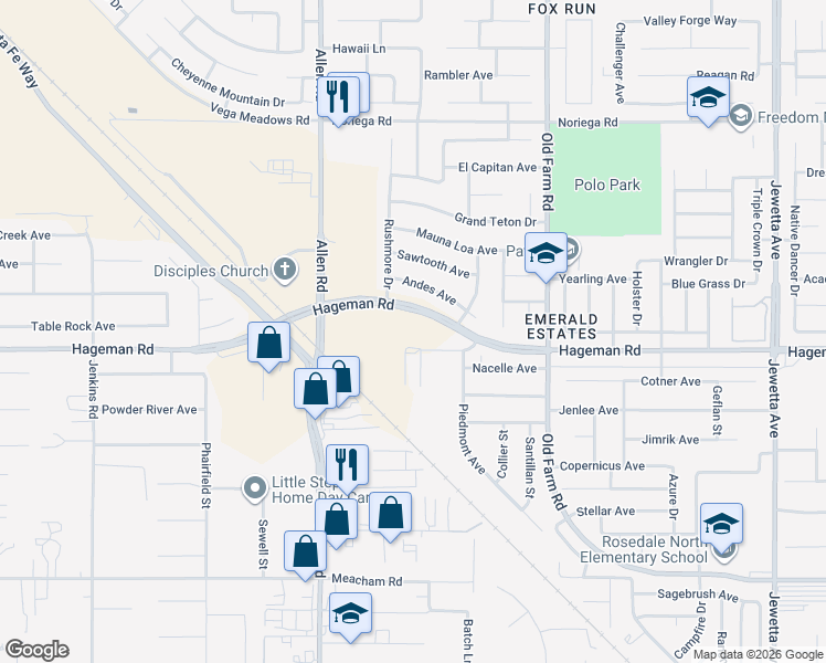 map of restaurants, bars, coffee shops, grocery stores, and more near 13098 Paddock Place in Bakersfield