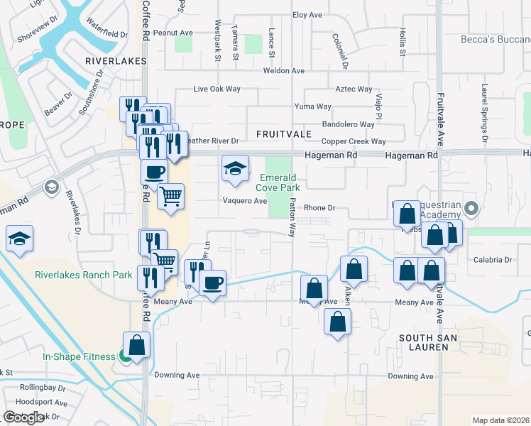 map of restaurants, bars, coffee shops, grocery stores, and more near 7400 Maleta Court in Bakersfield