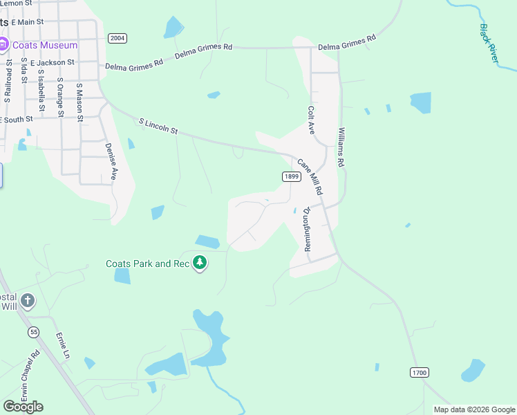 map of restaurants, bars, coffee shops, grocery stores, and more near 252 Park Ln in Coats