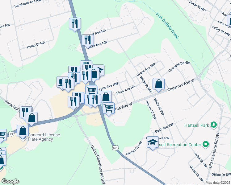 map of restaurants, bars, coffee shops, grocery stores, and more near 60 3rd Street Northwest in Concord