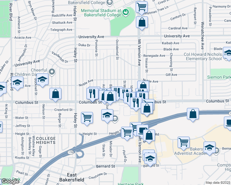 map of restaurants, bars, coffee shops, grocery stores, and more near 2720 Occidental Street in Bakersfield