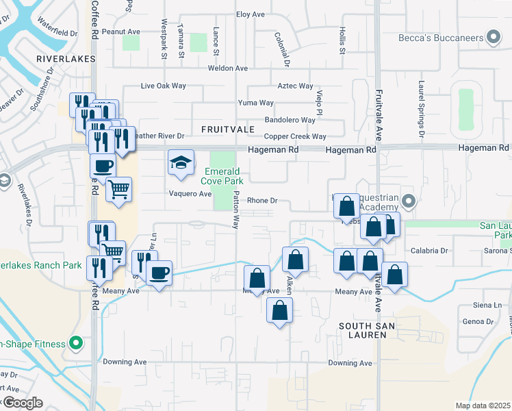 map of restaurants, bars, coffee shops, grocery stores, and more near 7119 Rhone Drive in Bakersfield