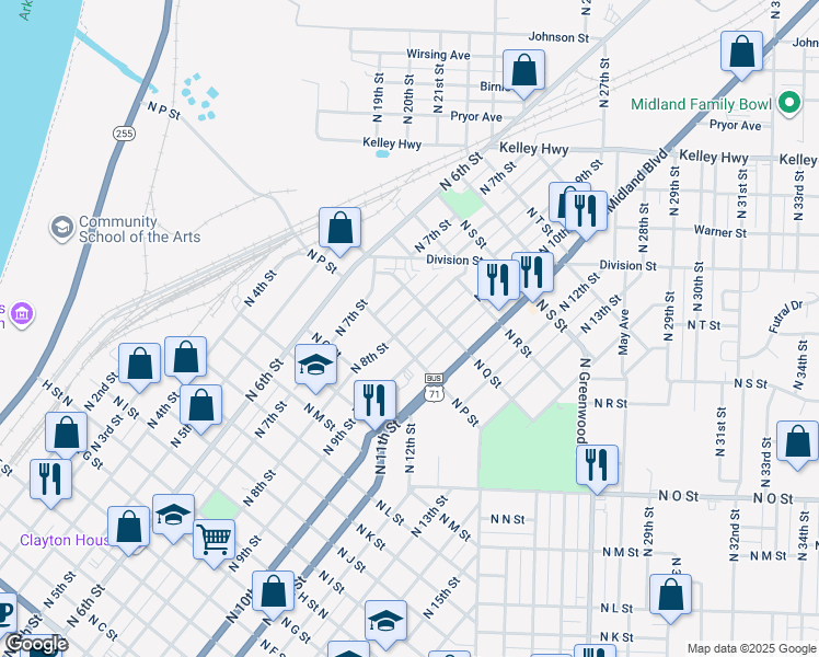 map of restaurants, bars, coffee shops, grocery stores, and more near 1714 North 8th Street in Fort Smith
