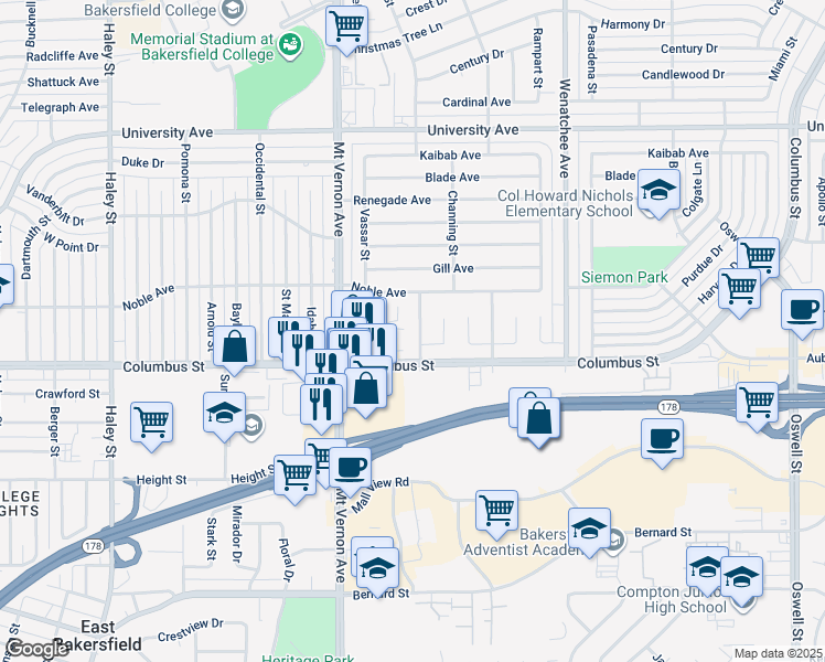 map of restaurants, bars, coffee shops, grocery stores, and more near 2806 Rice Street in Bakersfield