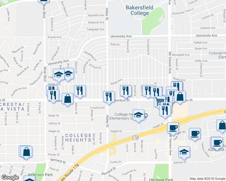 map of restaurants, bars, coffee shops, grocery stores, and more near 2800 Cornell Street in Bakersfield