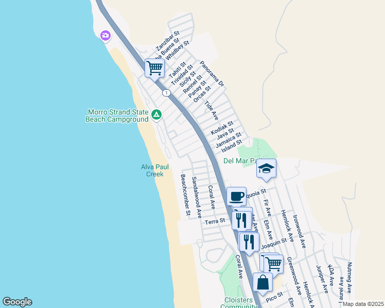 map of restaurants, bars, coffee shops, grocery stores, and more near 150 Java Street in Morro Bay