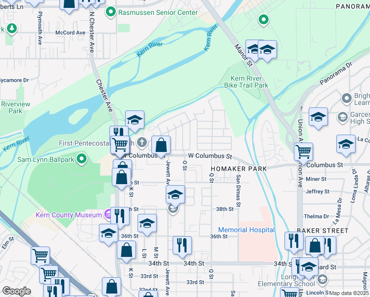 map of restaurants, bars, coffee shops, grocery stores, and more near 4204 King Arthur Court in Bakersfield