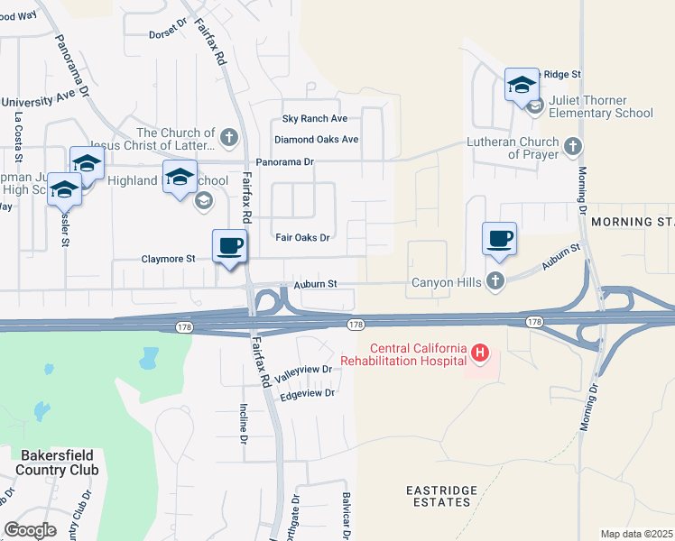 map of restaurants, bars, coffee shops, grocery stores, and more near 6016 Auburn Street in Bakersfield