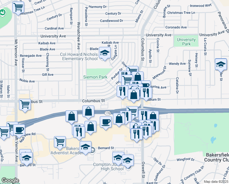 map of restaurants, bars, coffee shops, grocery stores, and more near 3600 Columbus Street in Bakersfield