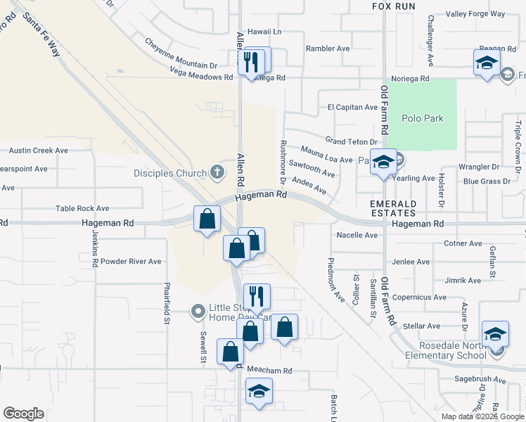 map of restaurants, bars, coffee shops, grocery stores, and more near 12541 Paddock Place in Bakersfield