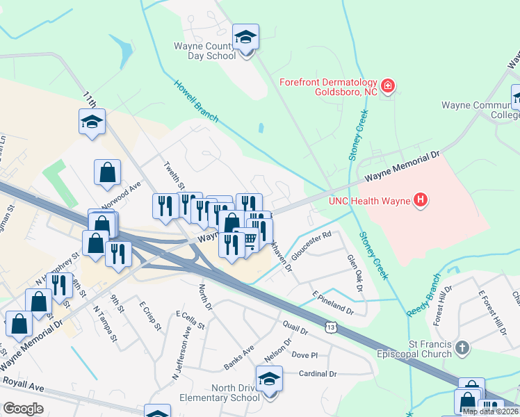 map of restaurants, bars, coffee shops, grocery stores, and more near 2203 Wayne Memorial Drive in Goldsboro