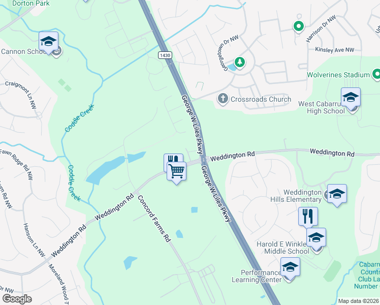 map of restaurants, bars, coffee shops, grocery stores, and more near 4940 State Road 1431 in Concord