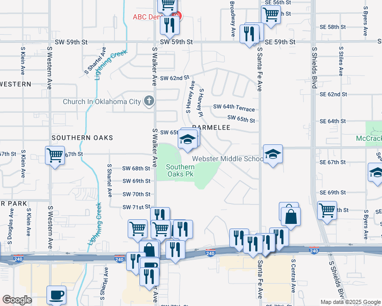 map of restaurants, bars, coffee shops, grocery stores, and more near 6700 South Hudson Avenue in Oklahoma City