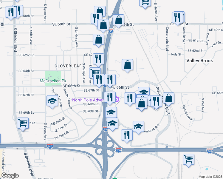 map of restaurants, bars, coffee shops, grocery stores, and more near 6700 South I- 35 Service Road in Oklahoma City