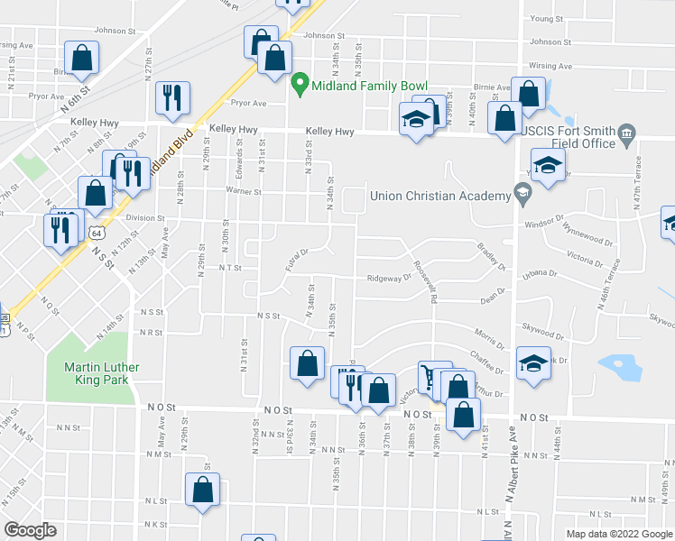 map of restaurants, bars, coffee shops, grocery stores, and more near 3505 Ridgeway Drive in Fort Smith