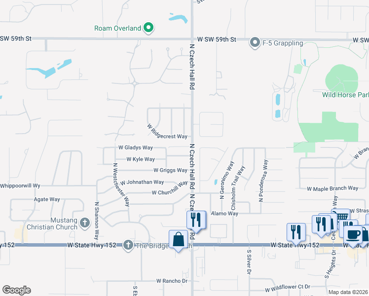 map of restaurants, bars, coffee shops, grocery stores, and more near 912 West Prairie Wind Way in Mustang