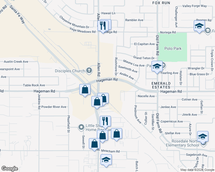 map of restaurants, bars, coffee shops, grocery stores, and more near 12541 Paddock Place in Bakersfield