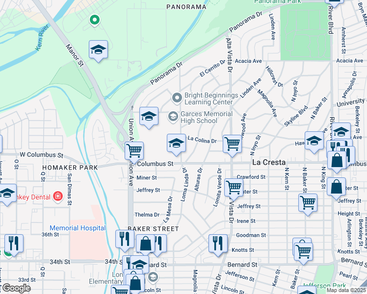 map of restaurants, bars, coffee shops, grocery stores, and more near 2721 Loma Linda Drive in Bakersfield