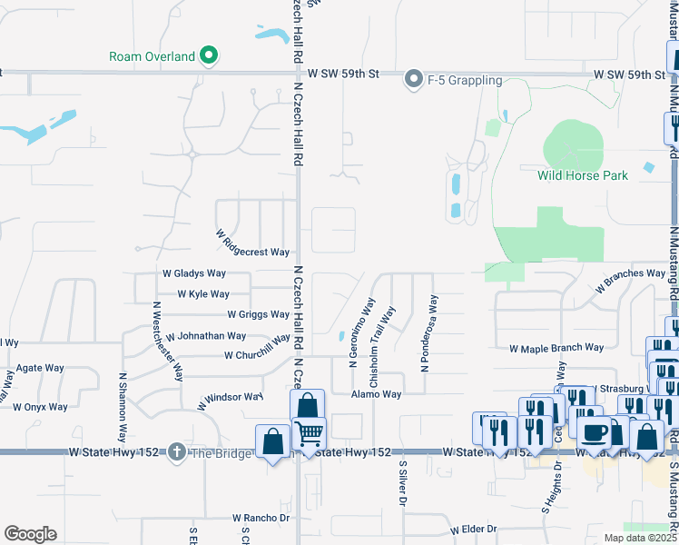 map of restaurants, bars, coffee shops, grocery stores, and more near 804 West Cabillo Way in Mustang