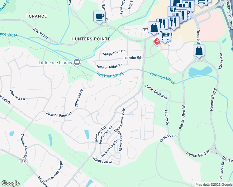 map of restaurants, bars, coffee shops, grocery stores, and more near 12731 Cedar Fall Drive in Huntersville