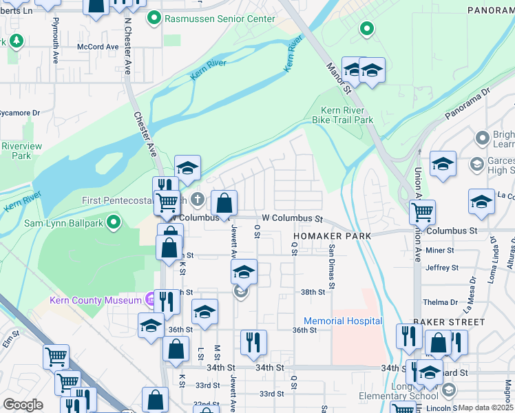 map of restaurants, bars, coffee shops, grocery stores, and more near 4204 King Arthur Court in Bakersfield