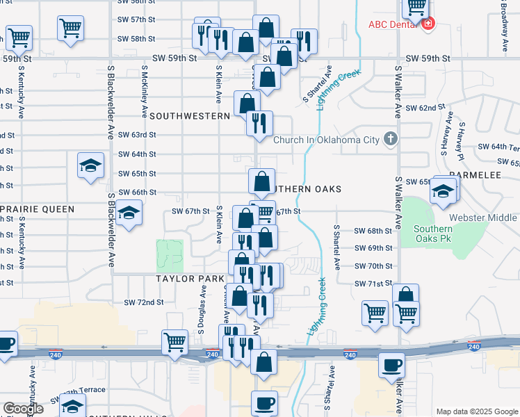 map of restaurants, bars, coffee shops, grocery stores, and more near 6720 South Western Avenue in Oklahoma City