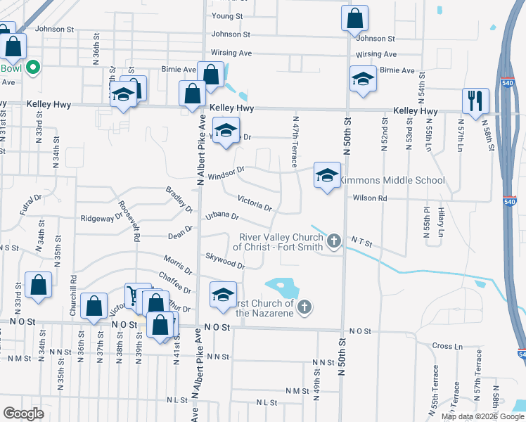 map of restaurants, bars, coffee shops, grocery stores, and more near 4509 Urbana Drive in Fort Smith
