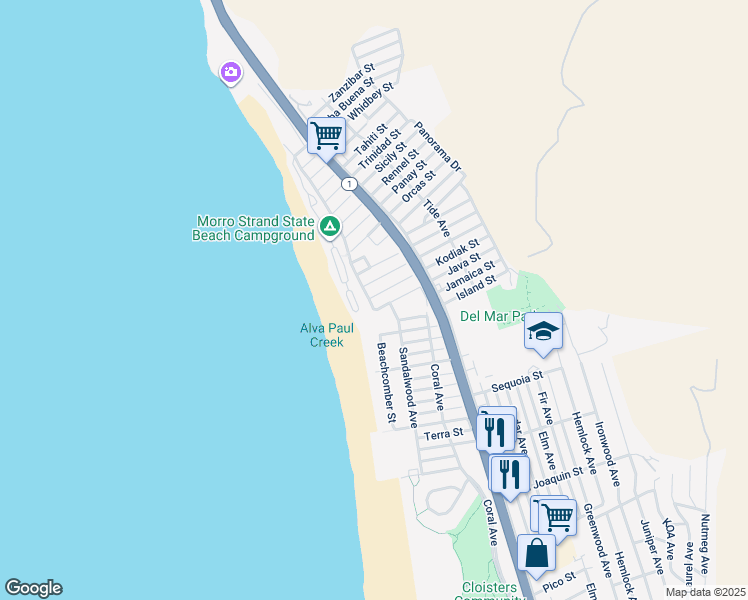 map of restaurants, bars, coffee shops, grocery stores, and more near 3128 Beachcomber Drive in Morro Bay