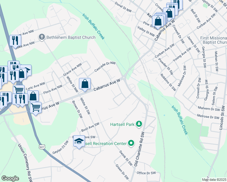 map of restaurants, bars, coffee shops, grocery stores, and more near 39 Goodson Place Southwest in Concord
