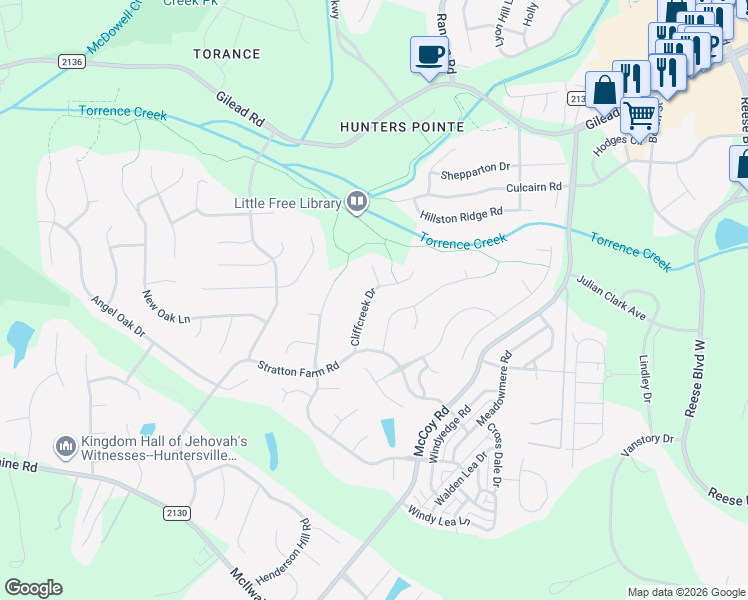 map of restaurants, bars, coffee shops, grocery stores, and more near 12614 Cliffcreek Drive in Huntersville