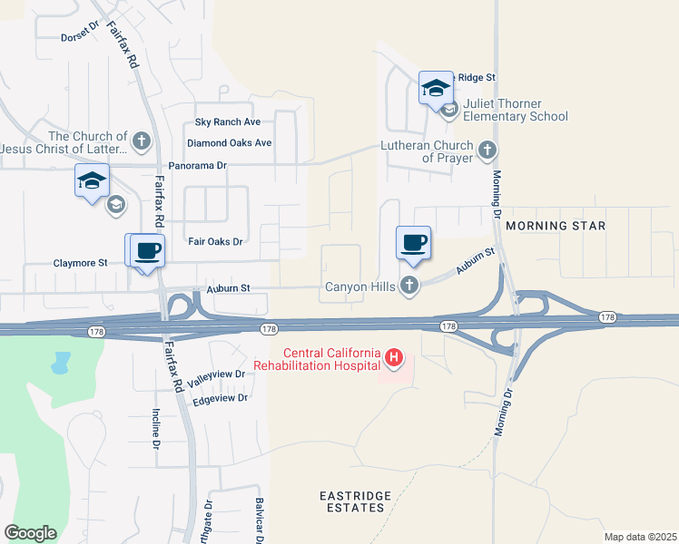 map of restaurants, bars, coffee shops, grocery stores, and more near 6700 Auburn Street in Bakersfield