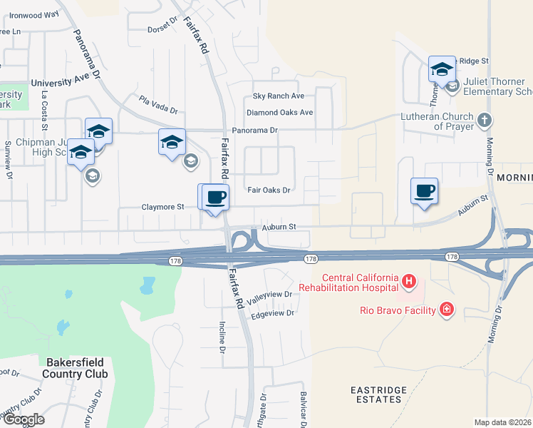 map of restaurants, bars, coffee shops, grocery stores, and more near 5908 Auburn Street in Bakersfield