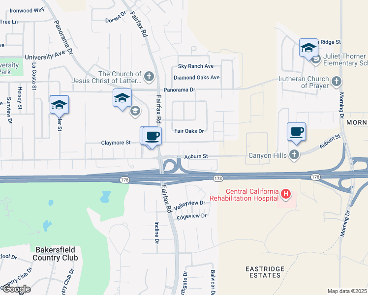 map of restaurants, bars, coffee shops, grocery stores, and more near 5908 Auburn Street in Bakersfield