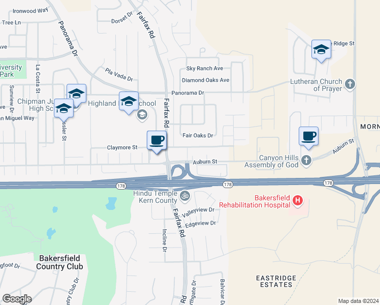 map of restaurants, bars, coffee shops, grocery stores, and more near 5908 Auburn Street in Bakersfield